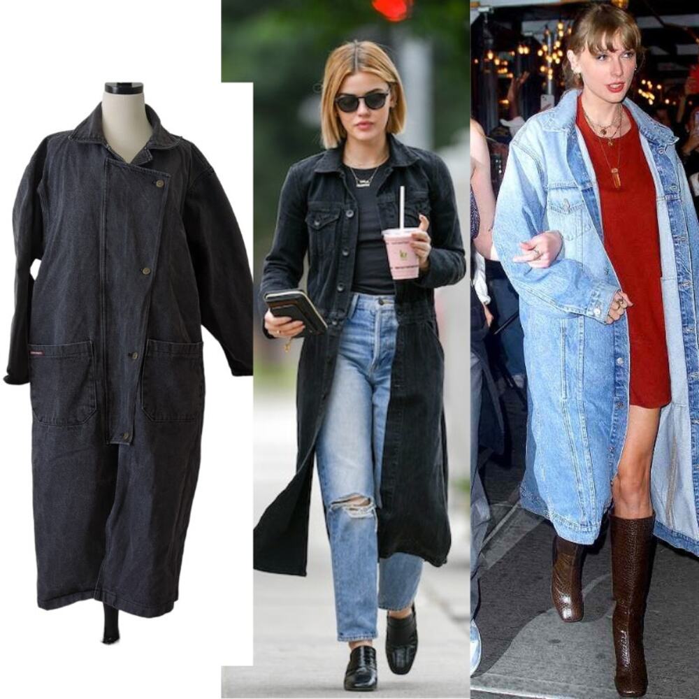 Vintage Hermans Denim Trench Coat Womens Jean‎ Jacket 90s Made in USA Gray Large